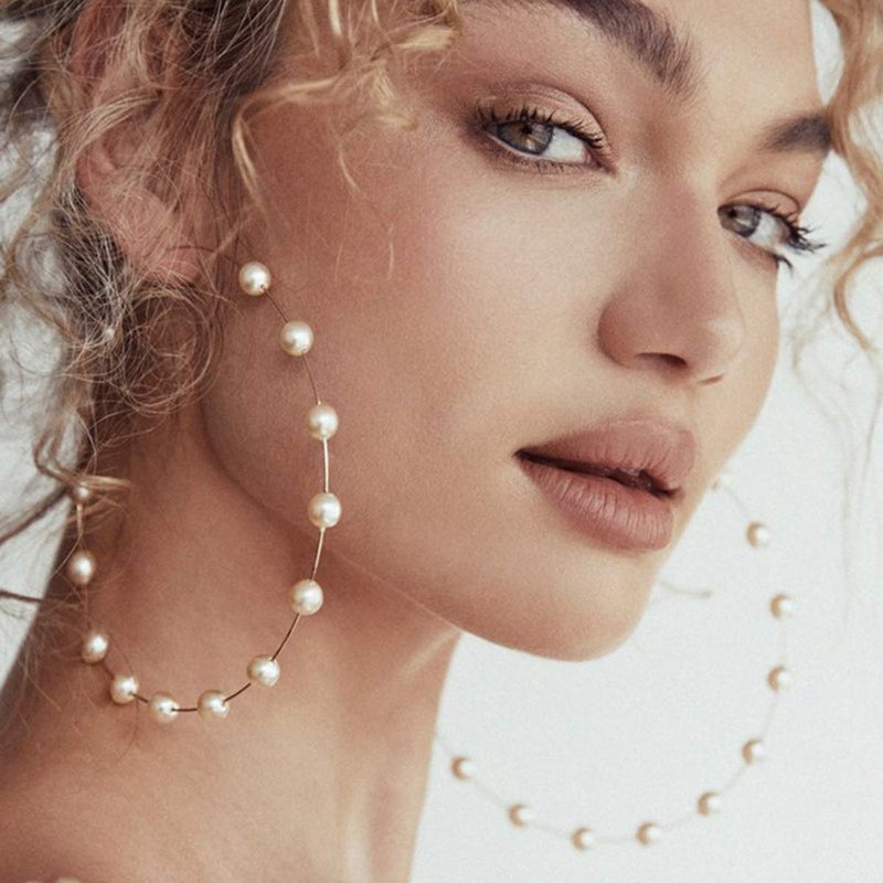 Doubnine Large Hoops Super Huge Circle Pearls Earrings Thin Dangle Gold Silver Elegant Wedding Women Accessories Jewelry Gift for Her (90mm gold) - Image 1
